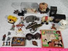 Tray Lot of Antique Toys with Cast Iron Banks, Toy Soldiers, Key Wind Toys and More