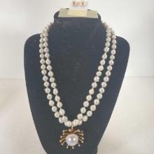 14K Gold, Diamond & Blister Pearl Flower Pendant Brooch On Double Strand Pearls & Stud Earrings