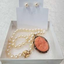Cultured Pearl Necklace With 14K Yellow Gold & Ruby Locking Clasp And Pink Coral Cameo Pendant