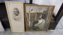 art, images of childern photo of a baby and painting of girl and bird tallest is 18in