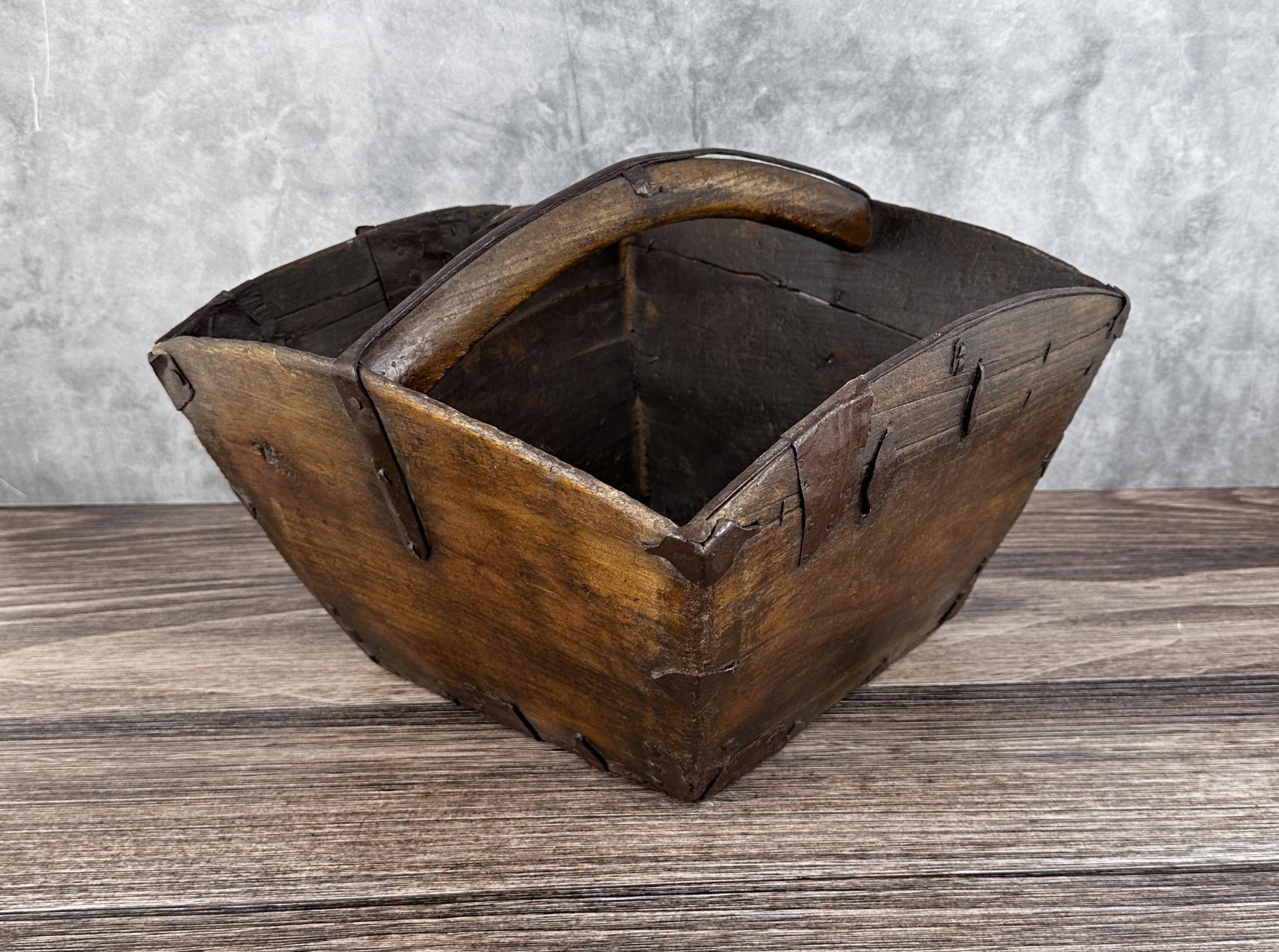 Antique Chinese Wood Rice Bucket Basket