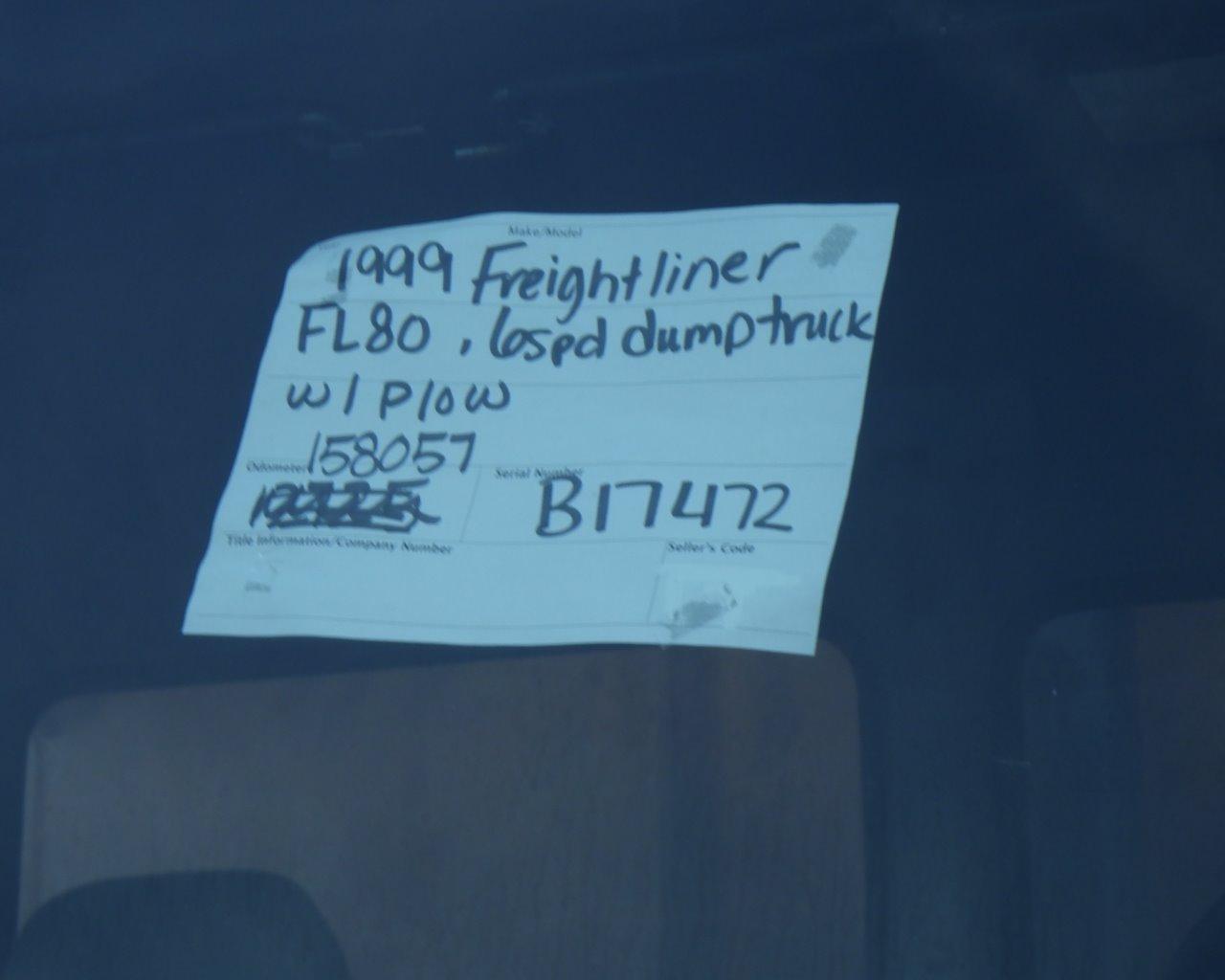 1999 FREIGHTLINER FL80 Dump Truck w/Plow   6 spd s/n:B17472