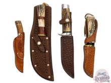 Lot Four Fixed Blade Knives with Stag Handles and Leather Sheaths