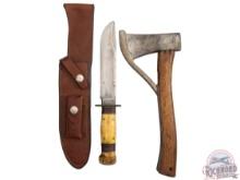 Marble's Lot No. 5 Hatchet and Fixed Blade Knife with Stag Grip and Sheath