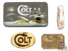 New Colt Tactical Folder Knife in Tin and Two Brass Colt Belt Buckles