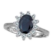 Lady Diana Blue Sapphire and Diamond Ring 14k White Gold 2.10 ctw