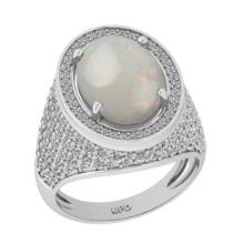 6.16 Ctw I2/I3 Opal And Diamond 14K White Gold Engagement Ring
