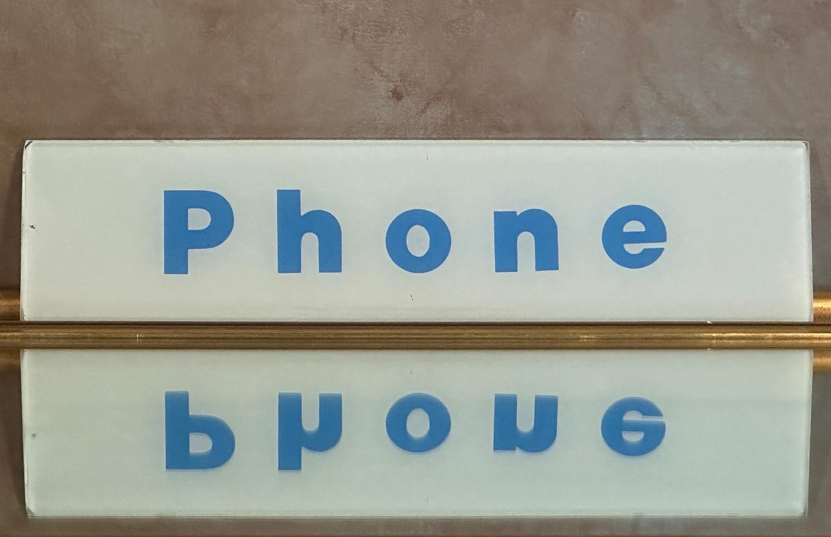 Vintage Glass Phone Booth Sign in Blue and White