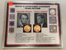 Truth is Sometimes stranger than fiction story card Licnoln/ Kennedy w/ asst collector coins