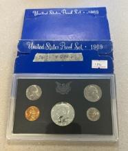 2- 1969 US mint Proof sets, one 40% silver half dollar per set, SELLS TIMES THE MONEY