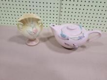 Hull Pottery Vintage Serenade Tea Pot w/ Birds, Pink; & Hull Floral Vase