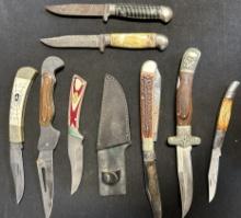 Lot 8 Collectible Knives: Geo Wostenholm IXL, Frost Surgical w/ Sheath, Silver Dollar & More