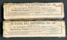 2 NOS Full Model of 1911 Peters 20 Pistol Ball 45 Cal Cartridges Dated 1918