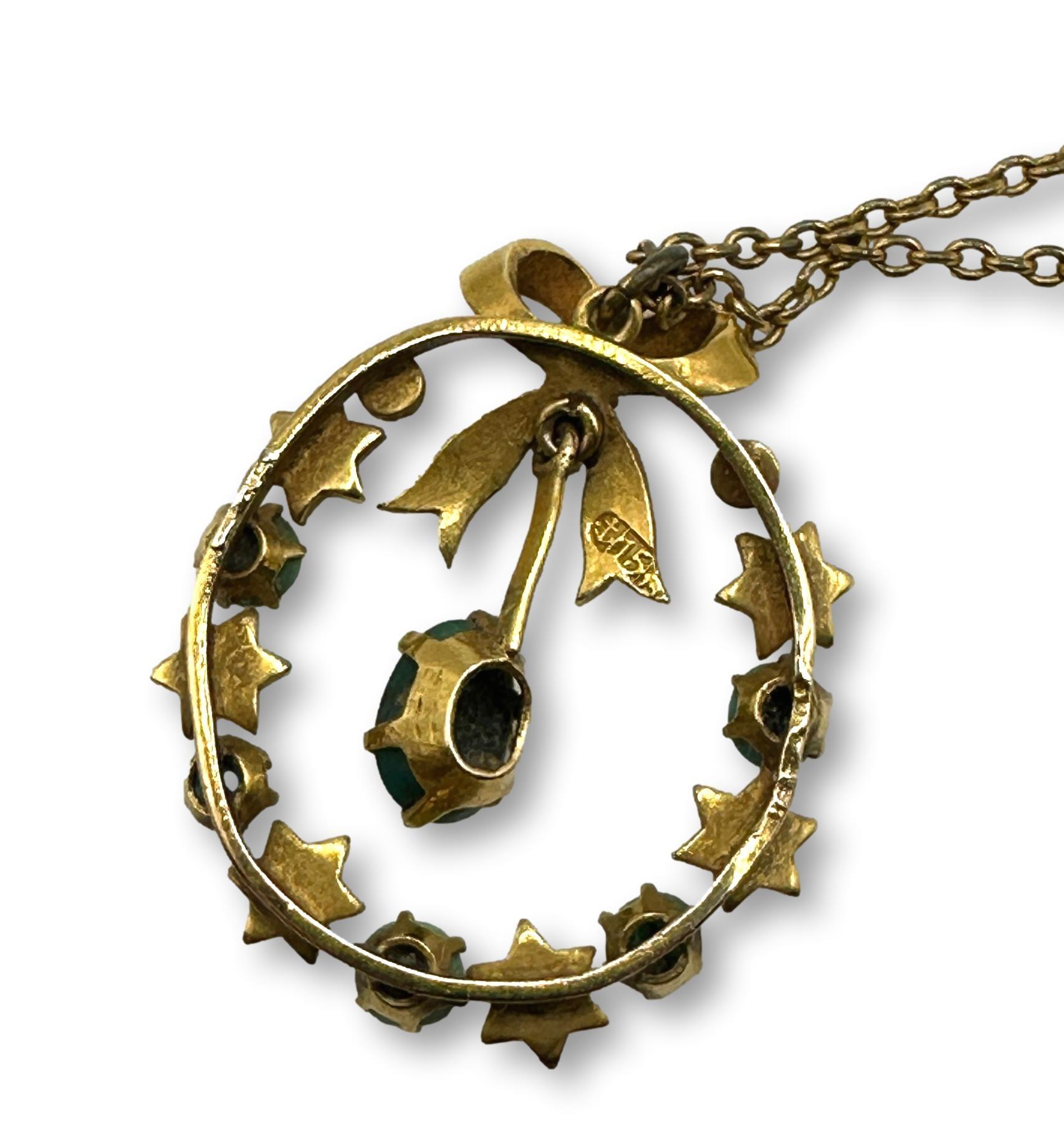 Vintage 15K Gold Wreath Pendant Necklace with 14K Gold Chain
