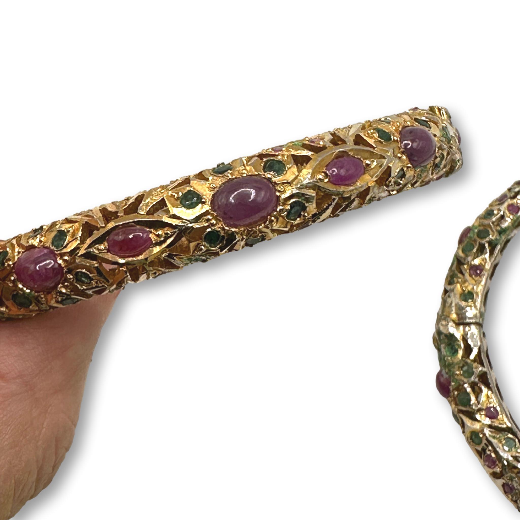Vintage Pair of Ruby and Emerald Hinged Bangle Bracelets