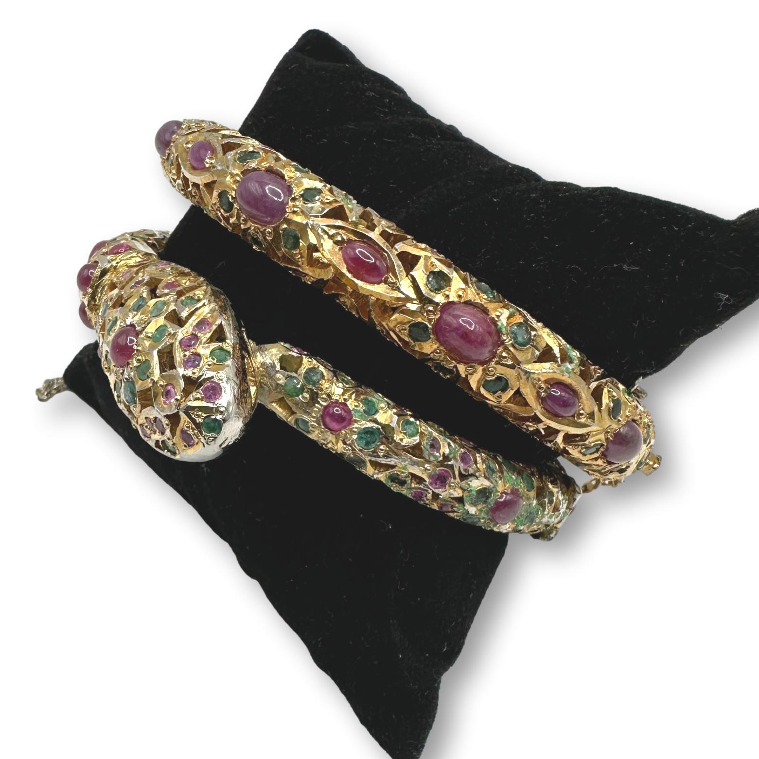 Vintage Pair of Ruby and Emerald Hinged Bangle Bracelets