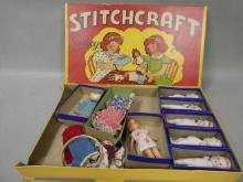 c1950's Concord Toys Stitchcraft Sewing Set In Box w/ Bisque Dols & Clothes