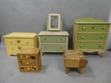 Lot 5 Vintage Child's Doll Painted Wooden Dressers & Butcher Block