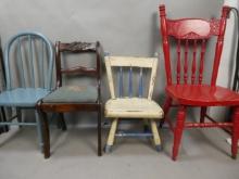 Lot 4 Vintage Painted Wood & Mahogany Child Chairs for Dolls