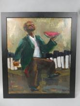 1966 Mid-Century Initialed RW Black Man w/ Watermelon Oil Painting