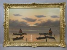 Giovanni Maratti Antique Italian Boats at Sea Large Oil Painting Listed Artist