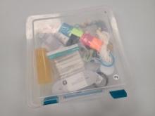 Mixed lot of craft items including plastic storage container