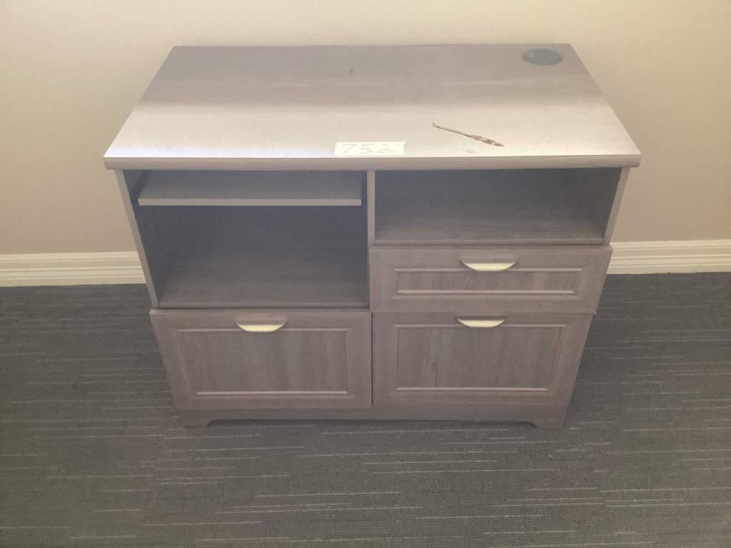2 WOOD DESKS; WOOD PRINTER TABLE AND 4 DRAWER LATERAL FILE CABINET AND WHITEBOARDS