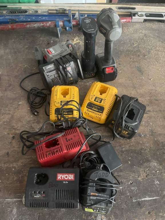 MISCELLANEOUS DEWALT & RYOBI BATTERY CHARGERS; FLASHLIGHTS