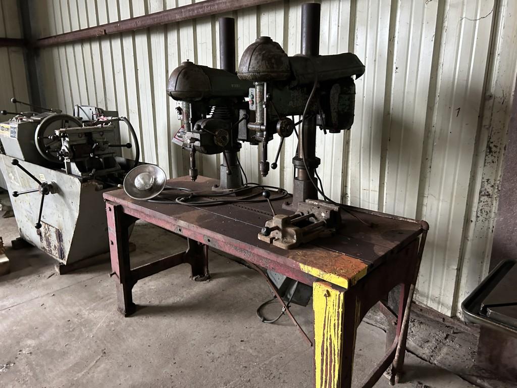 DRILL STATION WITH (2) WALKER TURNER DRILL PRESSES MOUNTED ON TABLE, ONE HAS POWER FEED, 1-HP MOTORS