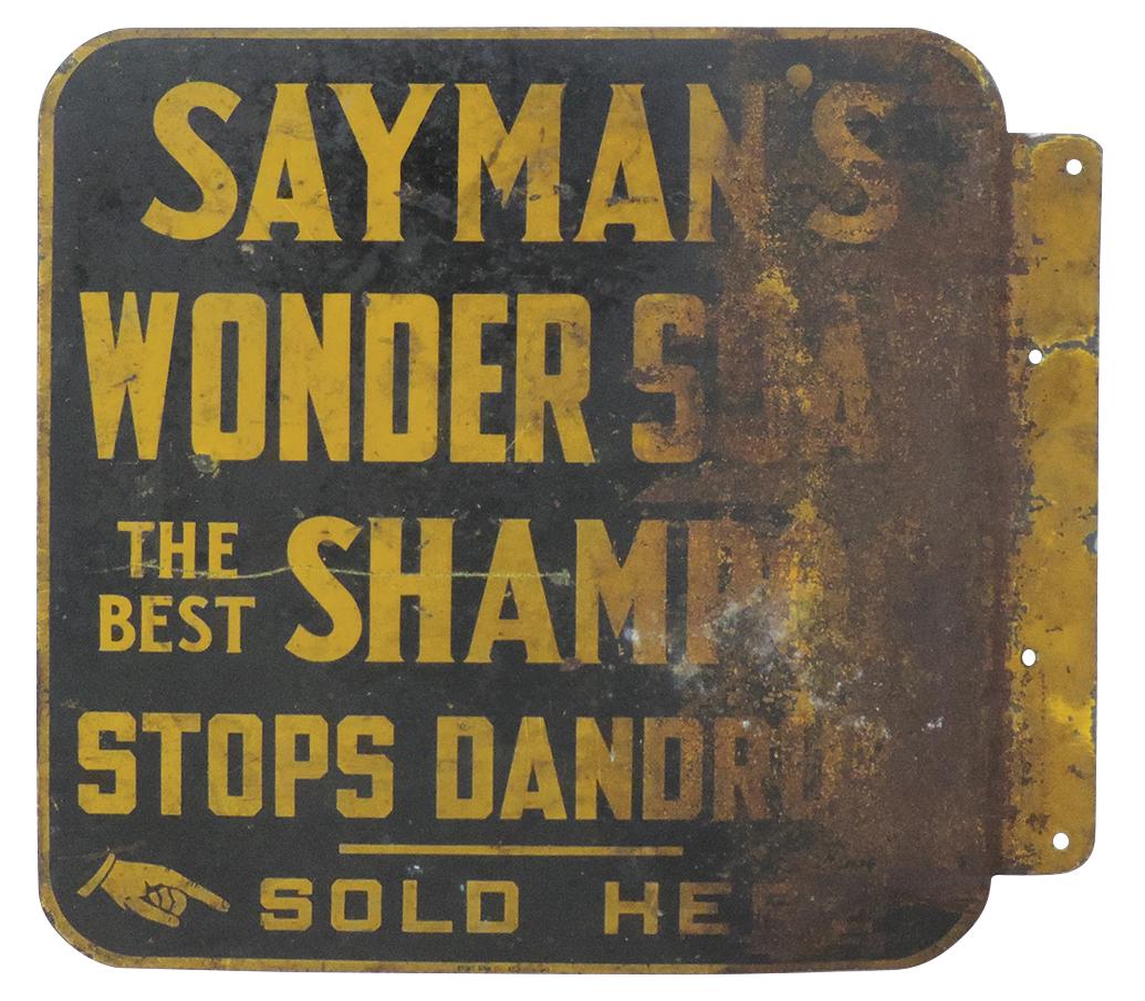 Country Store Flange Sign, Sayman's Wonder Soap, dbl-sided litho on steel,