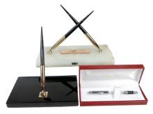 4 Sheaffer Pen & Desk Sets, Mostly White Dot, A 14k Inlaid V Nib & Ballpoin