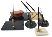 5 Desk Sets, 3 Parker 51's In A Dbl Black Glass W/brass Plate And An Onyx S