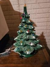 Iighted ceramic Christmas tree.