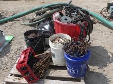 Bucket of Large Nails, Belts, Pump Hoses