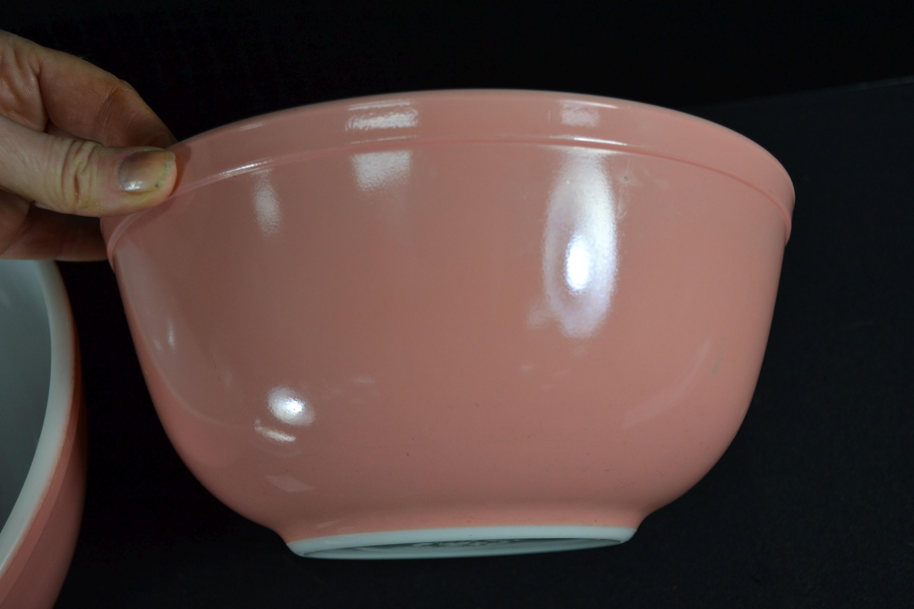 Pyrex Pink Mixing Bowls No. 403 and 404; Mfg. 1956-1962