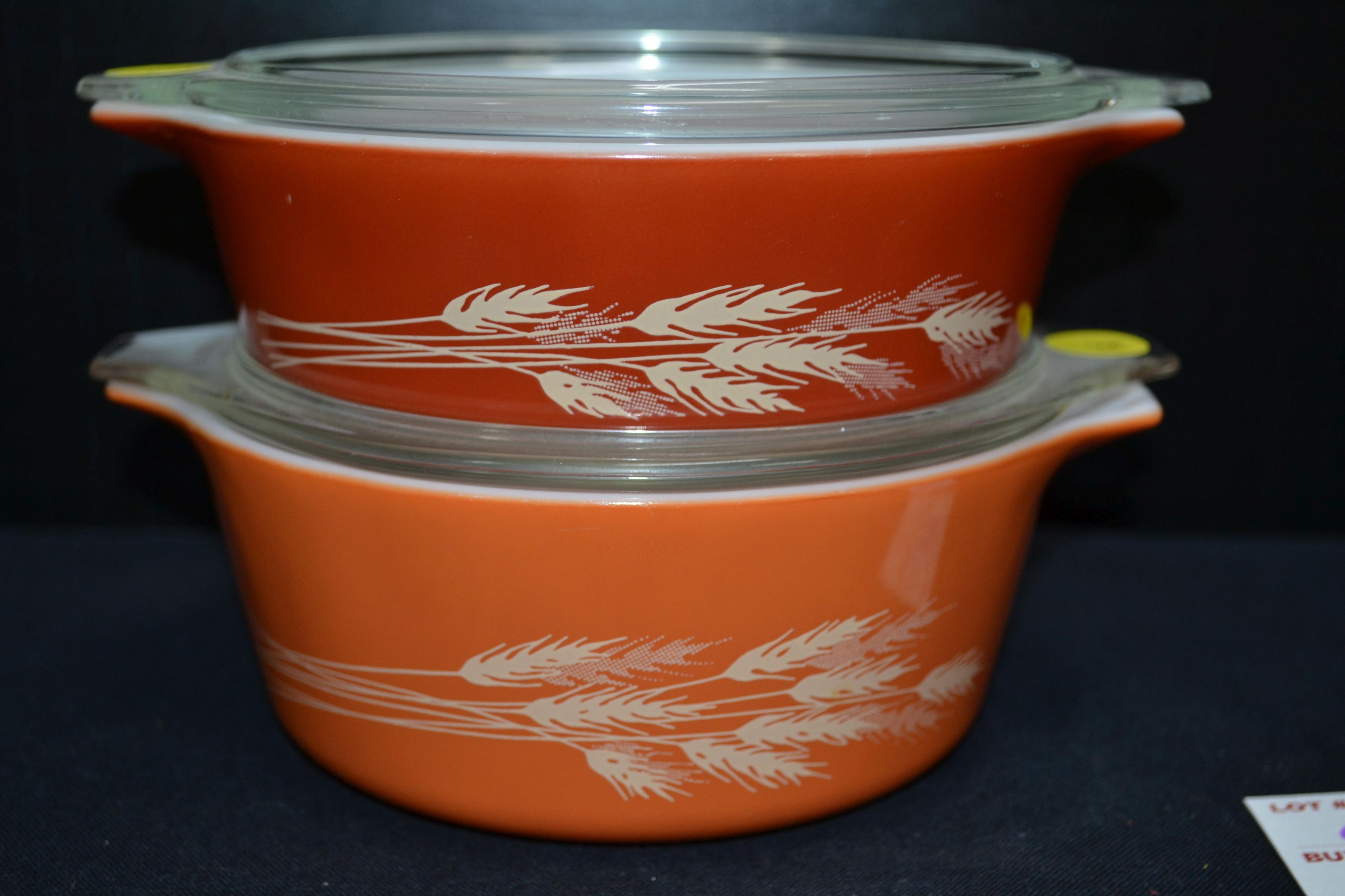 Pyrex Autumn Harvest Bake, Serve, and Store Dishes Nos. 471 and 472 w/Lids; Mfg. 1979-1986