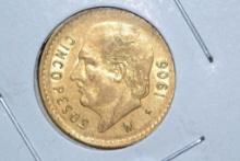 1906 Mexican Five Peso .900 Gold Piece; Unc.