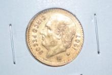 1907 Mexican Five Peso .900 Gold Piece; Unc.