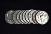 10 - 1950s Franklin Silver Half Dollars; Avg. Circ.; 10xBid
