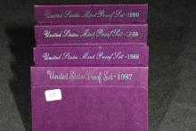 4 - United States Proof Sets including 1987, 1988, 1989, and 1990; 4xBid