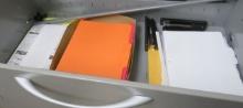 mixed office supplies - paper,  file folders, staplers, dividers, high lighters, AAA batteries, p...