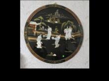 Round Asian inlaid Mother of Pearl and black lacquer  Geisha wall art
