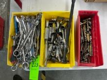 ASSORTED WRENCHES, SOCKETS & DRILL BITS