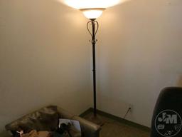 WOOD SHELF, COUCH, DESK, CHAIRS, POLE LAMP