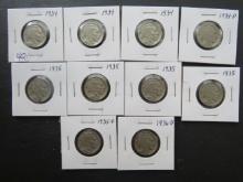 (3) 1934-P, 1934-D, (4) 1935-P, 1935-D, 1936-D Buffalo Nickels