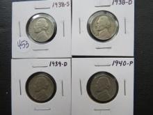 1938-S, 1938-D, 1939-D, 1940-P Jefferson Nickel