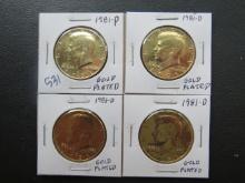 1981-P, (3) 1981-D Kennedy Half Dollar: Gold Plated 1960/1980 Stamp
