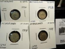 1914, 28, 30, & 34 Netherlands Silver Ten Cent coins.