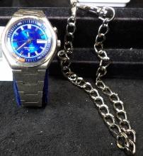 Seiko Bell-Matic 17 Jewels, needs a new battery; & a Chrome Watch Chain.