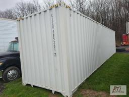 40ft shipping container, 9ft 6in tall, 2 wide double doors on one side, double doors on end